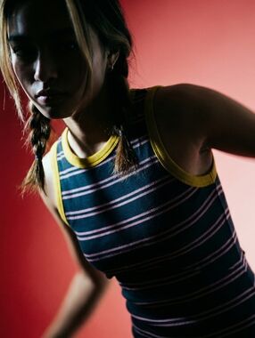 Vans Women's Navy & Pink Stripe Tank Bodysuit with Yellow Trim